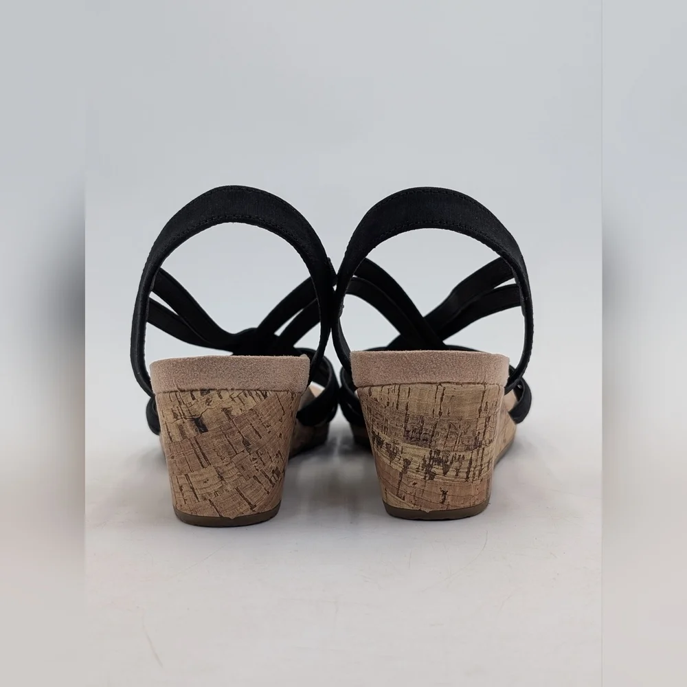 Life Stride Mallory Sz 9M Women's Black Elastic Straps Cork Texture Wedge Sandal